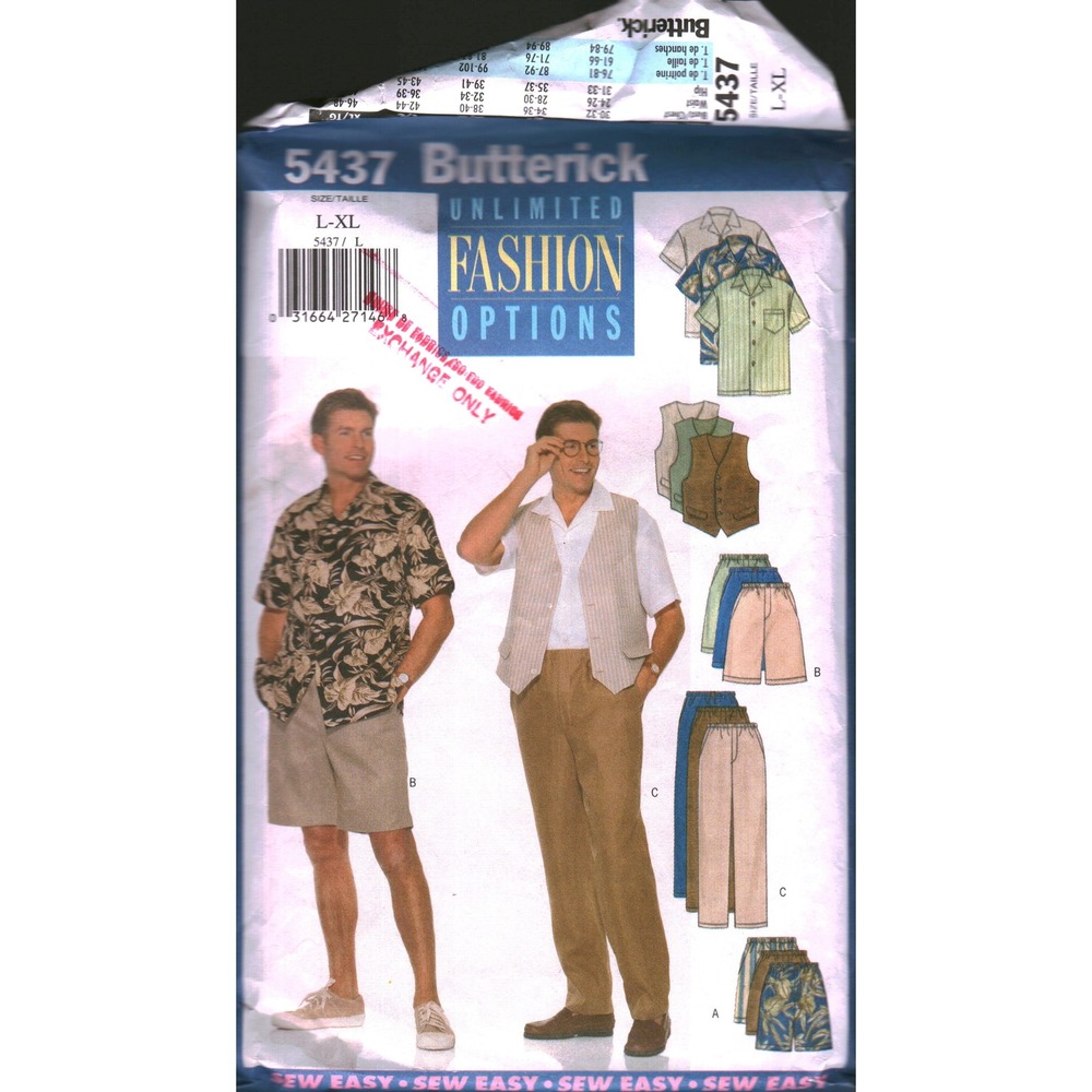 Butterick 5437 Mens Vest Shirt Shorts Pants Sewing Pattern Size L-XL cut